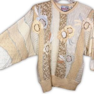 Vintage Hollywood Vine Women's M Cream Floral Patchwork‎ Knit Sweater 80s 90s